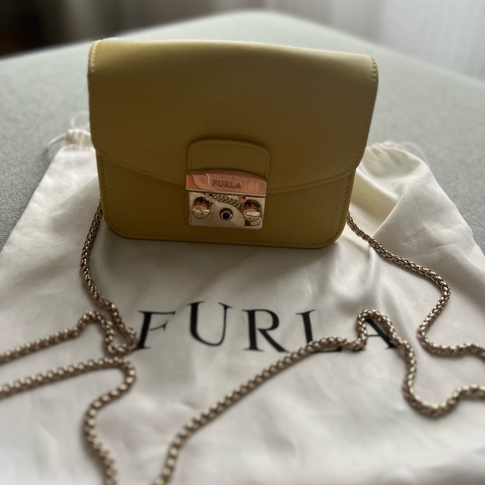 Furla Yellow Crossbody Bag with Gold Chain and Quilted Design